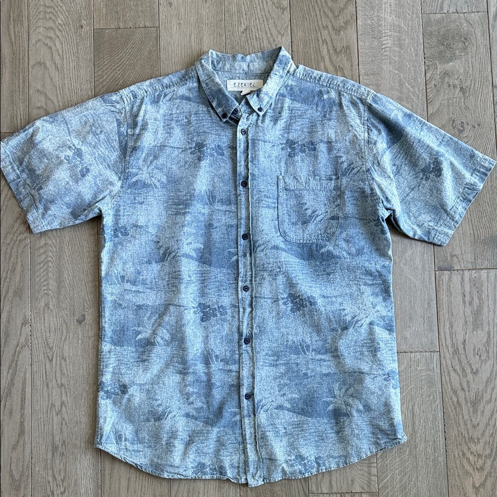 Ezekiel Light Blue Hawaiian Tropical Print Button Down